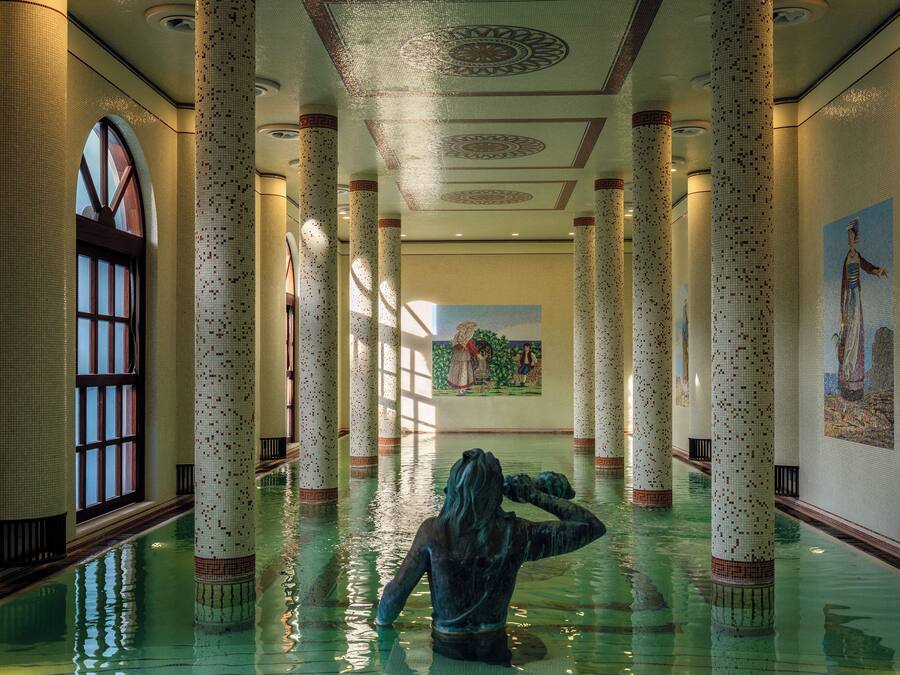 Indoor pool, outdoor pool, pool umbrellas