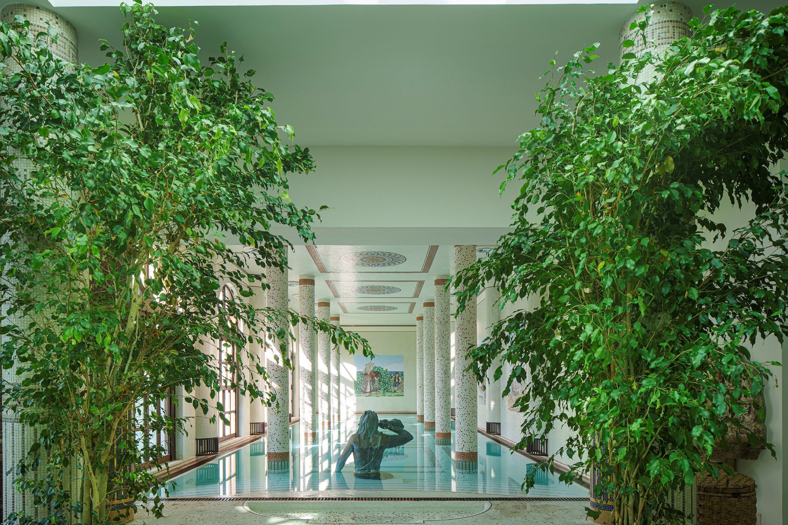 Indoor pool, outdoor pool, pool umbrellas