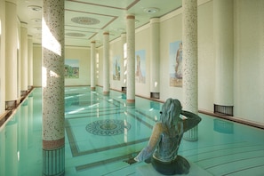Indoor pool, outdoor pool, pool umbrellas