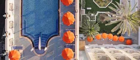 Una piscina cubierta, una piscina al aire libre, sombrillas