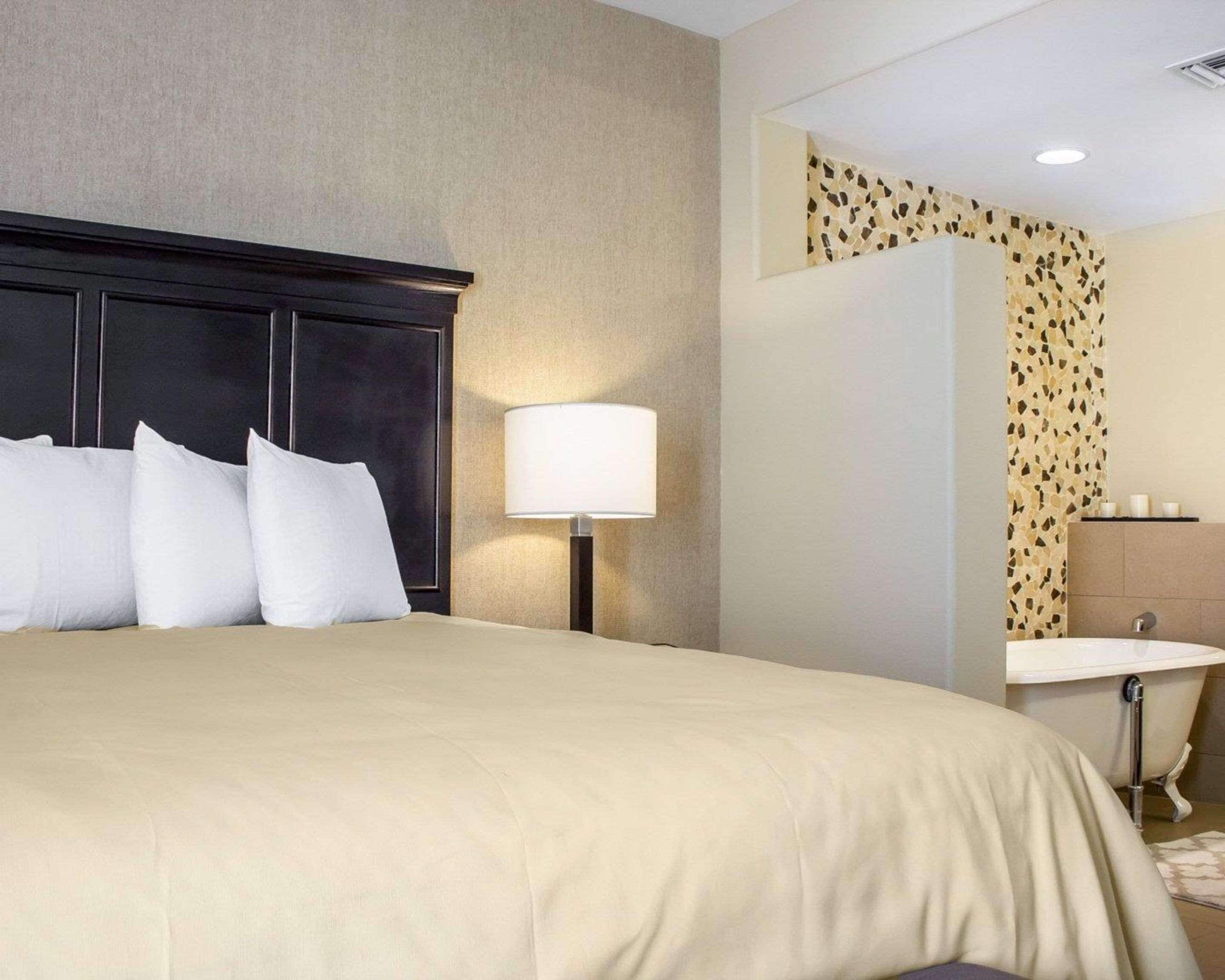 A hotel room with a large bed, a bedside lamp, a bathroom with a shower and a toilet.