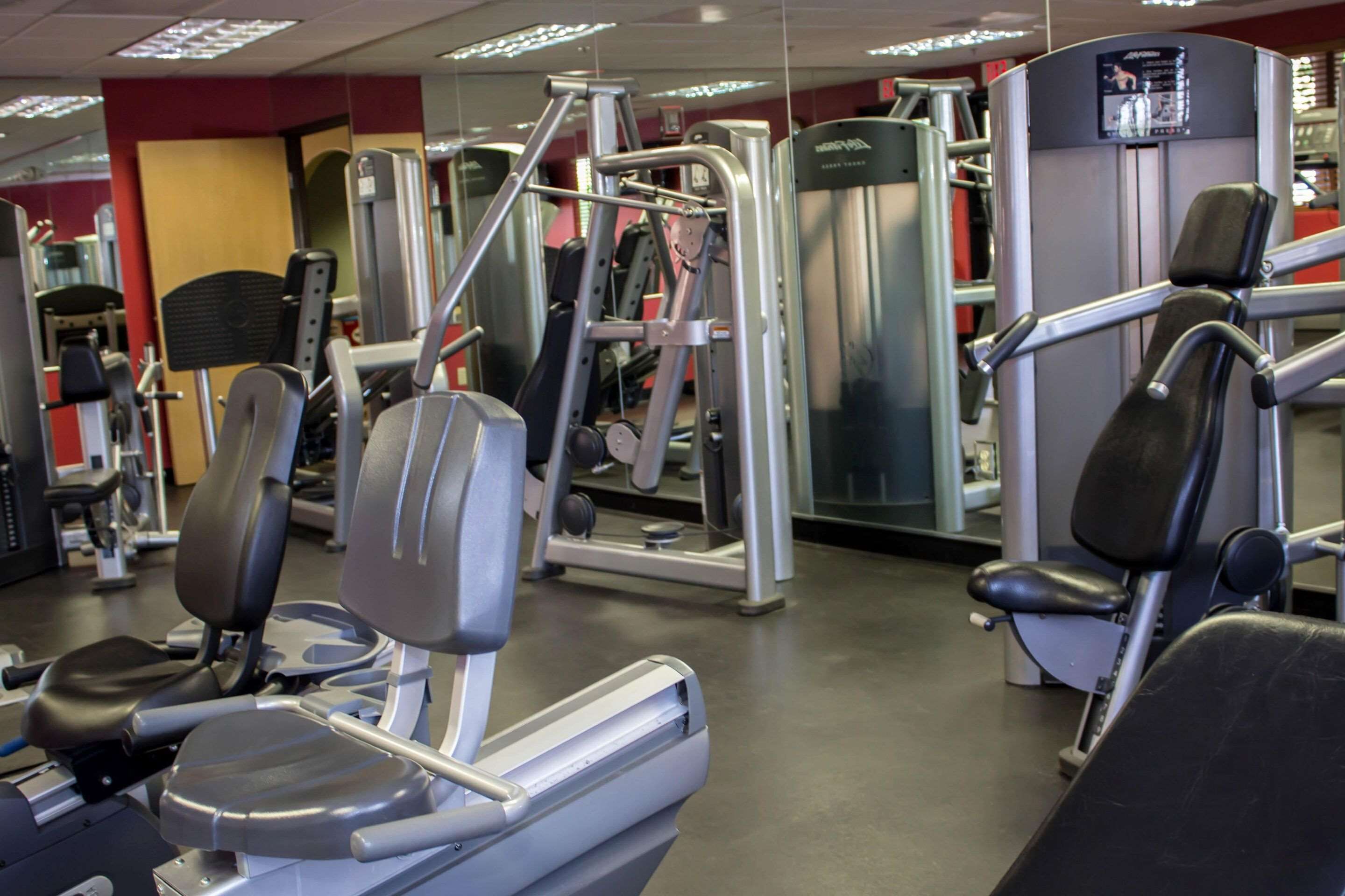 Un gimnasio con diversas máquinas de ejercicio, incluyendo cintas de correr y máquinas de pesas.
