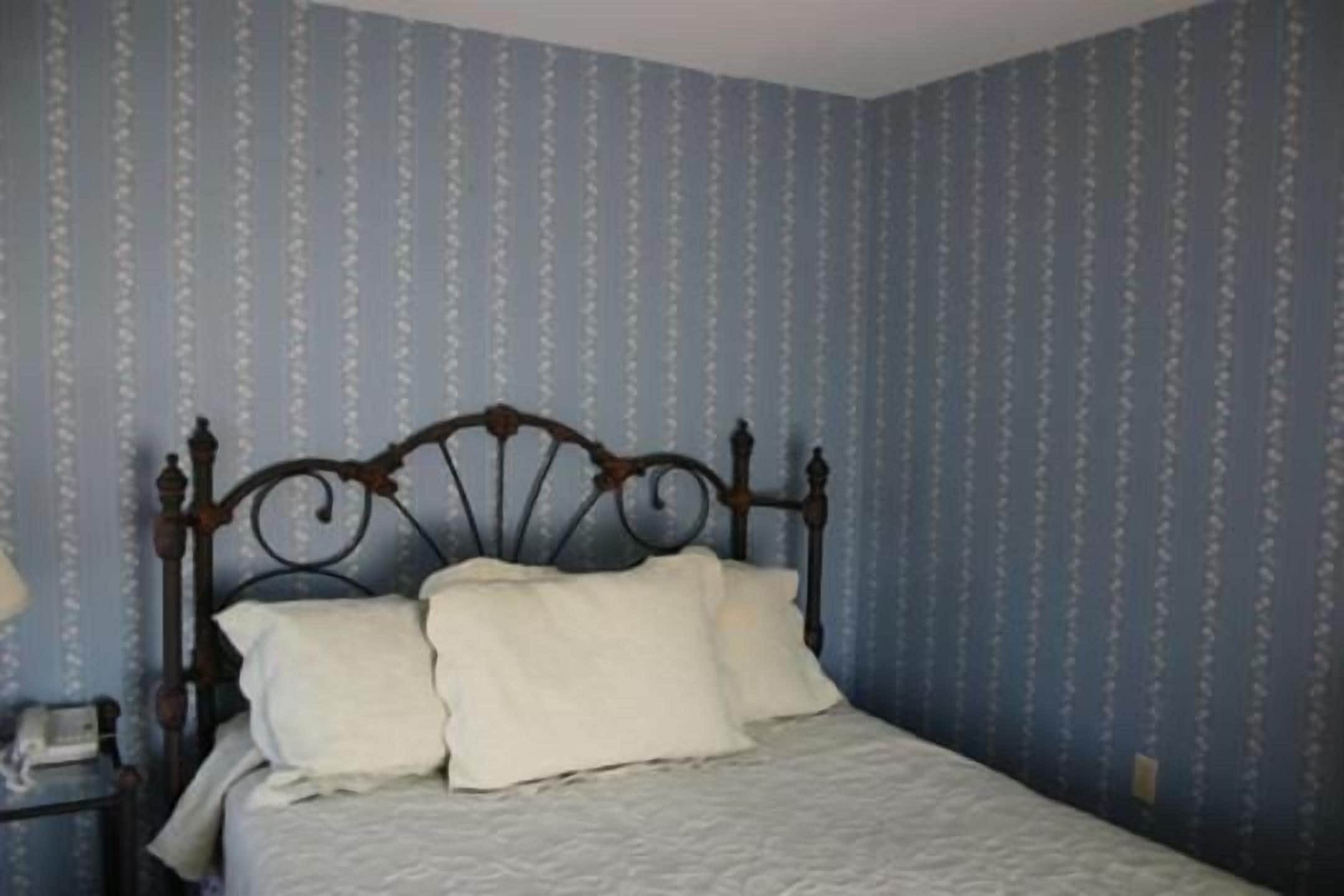 A single bed with a headboard in a room with patterned wallpaper.