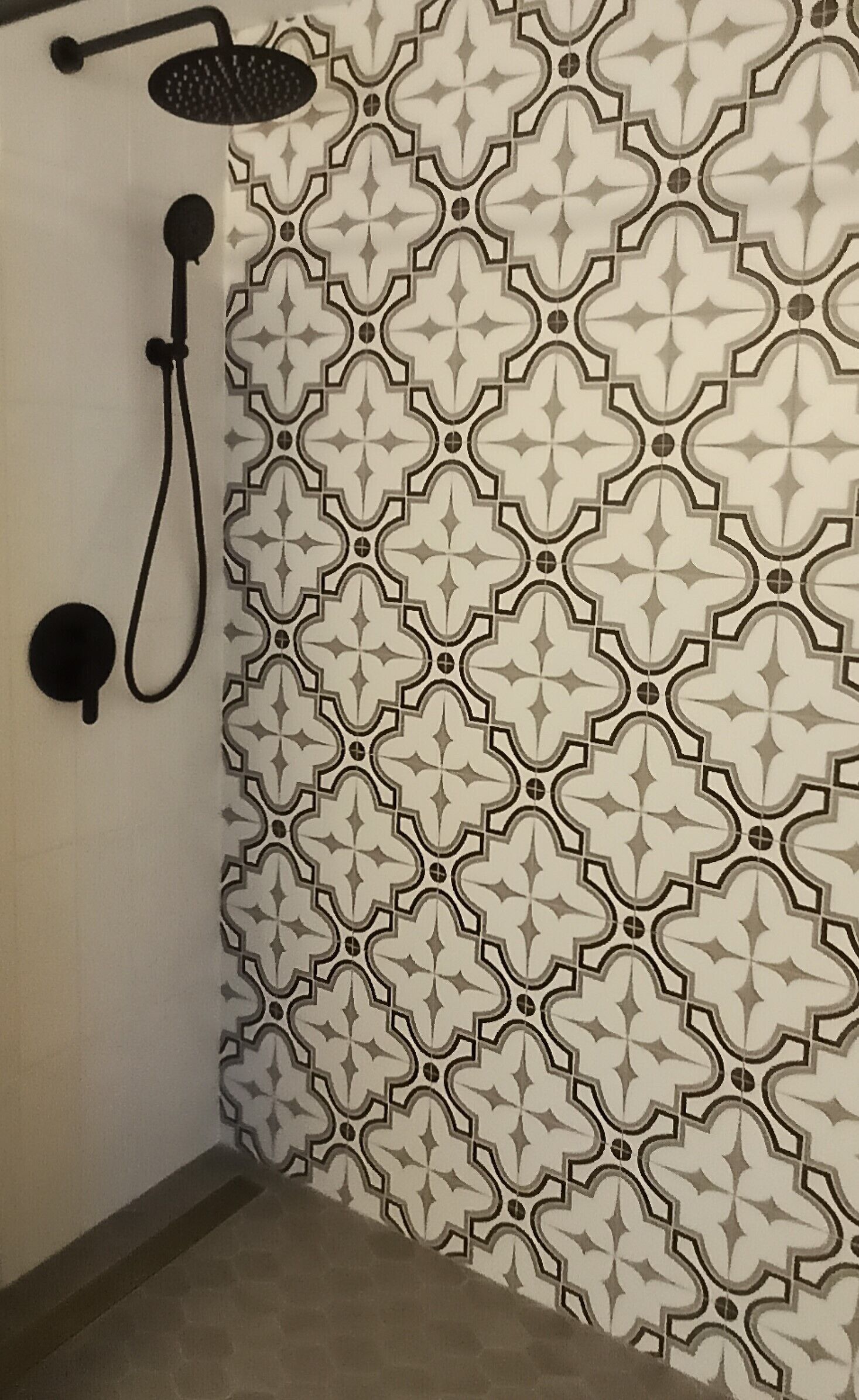 Ein Badezimmer mit einer Wand aus gemusterten Fliesen, einer Duschbrause und einem Handduschteil.