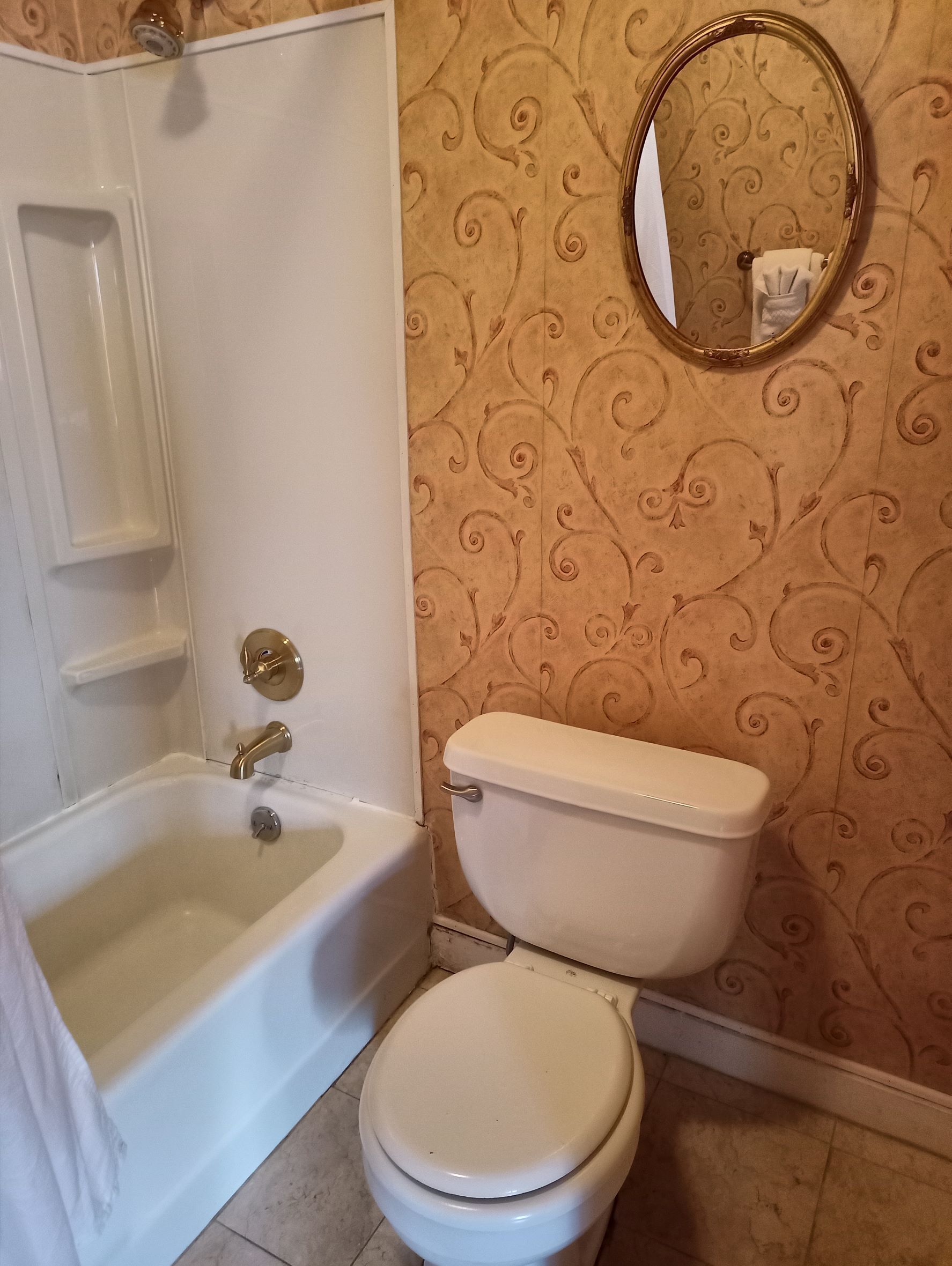 A bathroom with a bathtub, toilet, and a wall-mounted mirror.