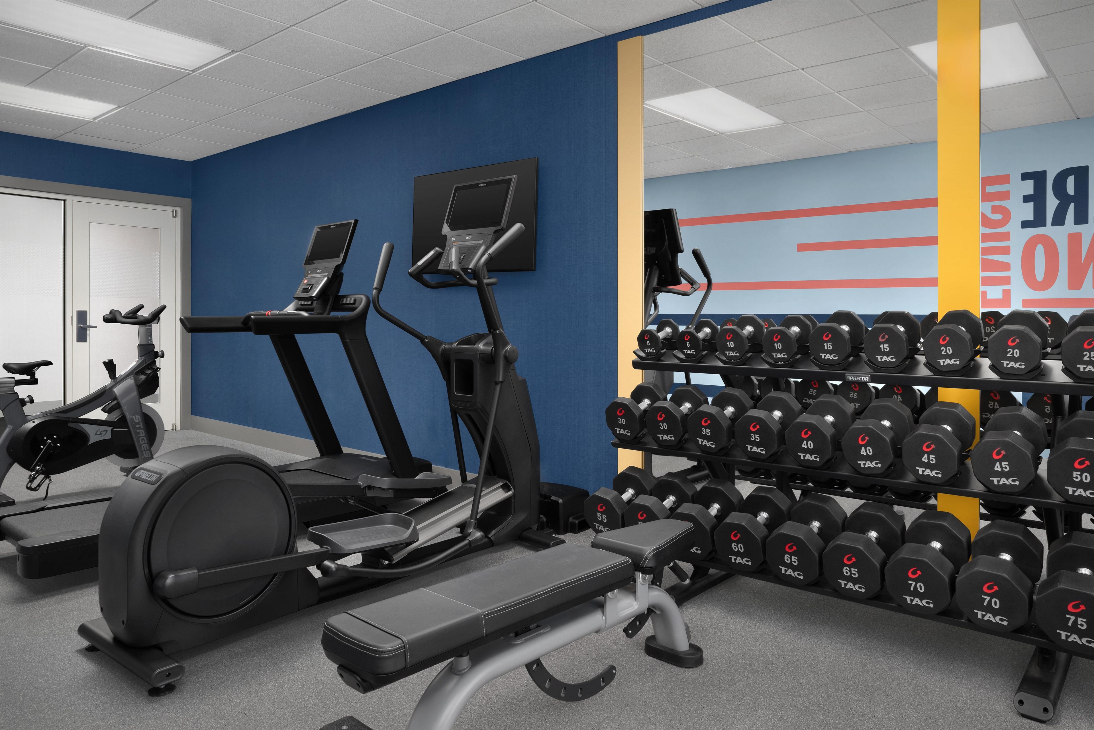 Ein Fitnessraum mit Trainingsgeräten, darunter Laufbänder, ein Ergometer und eine Bank.