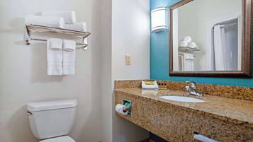 A bathroom with a toilet, a sink with a granite countertop, a towel rack, a mirror, and a shower curtain.