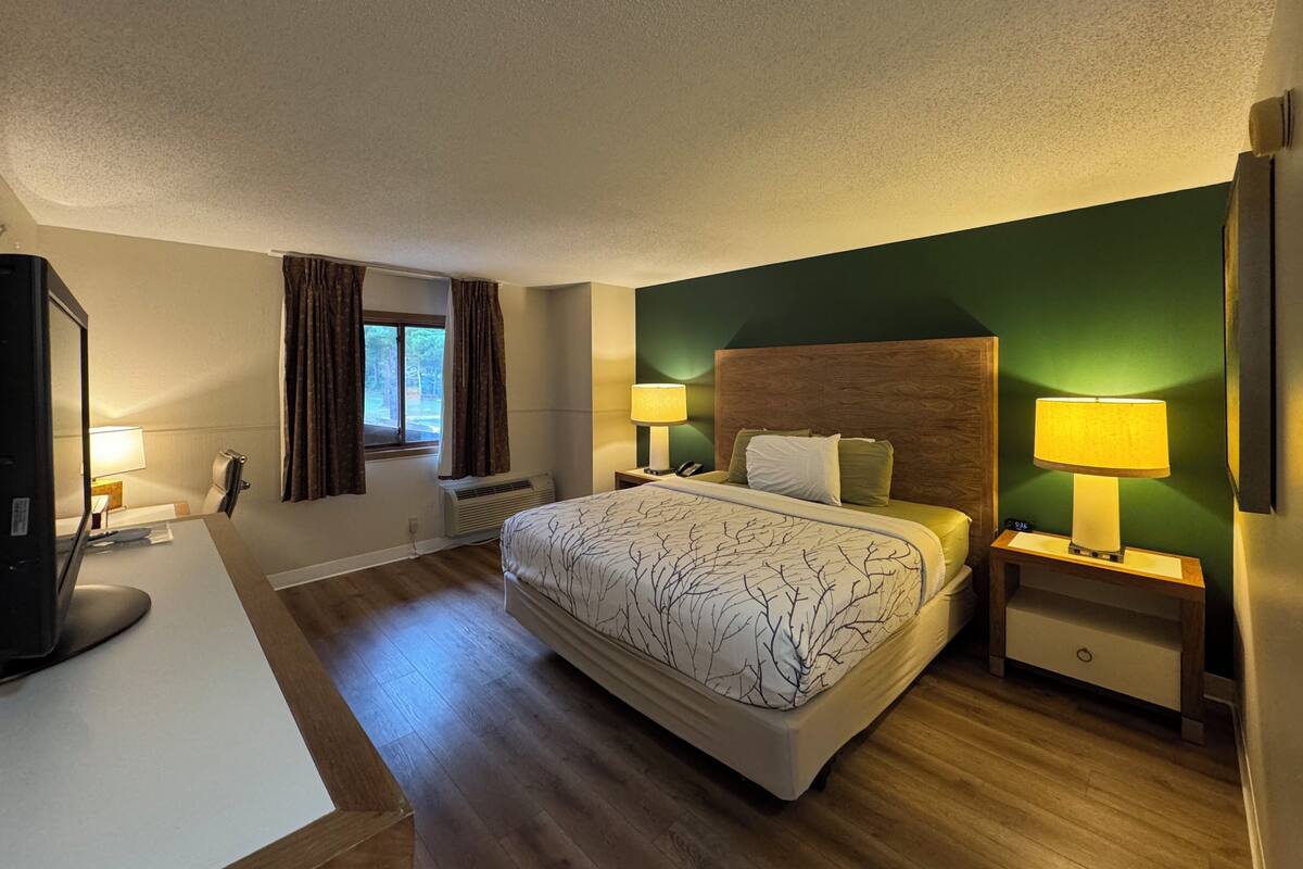 Quarto de hotel com cama, abajures, escrivaninha, espelho, janela com cortinas e termostato.
