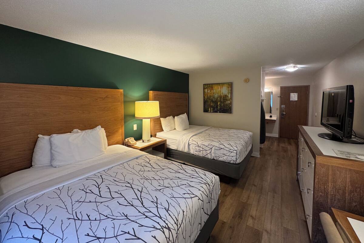 Quarto de hotel com duas camas, uma escrivaninha, televisão e um quadro na parede.