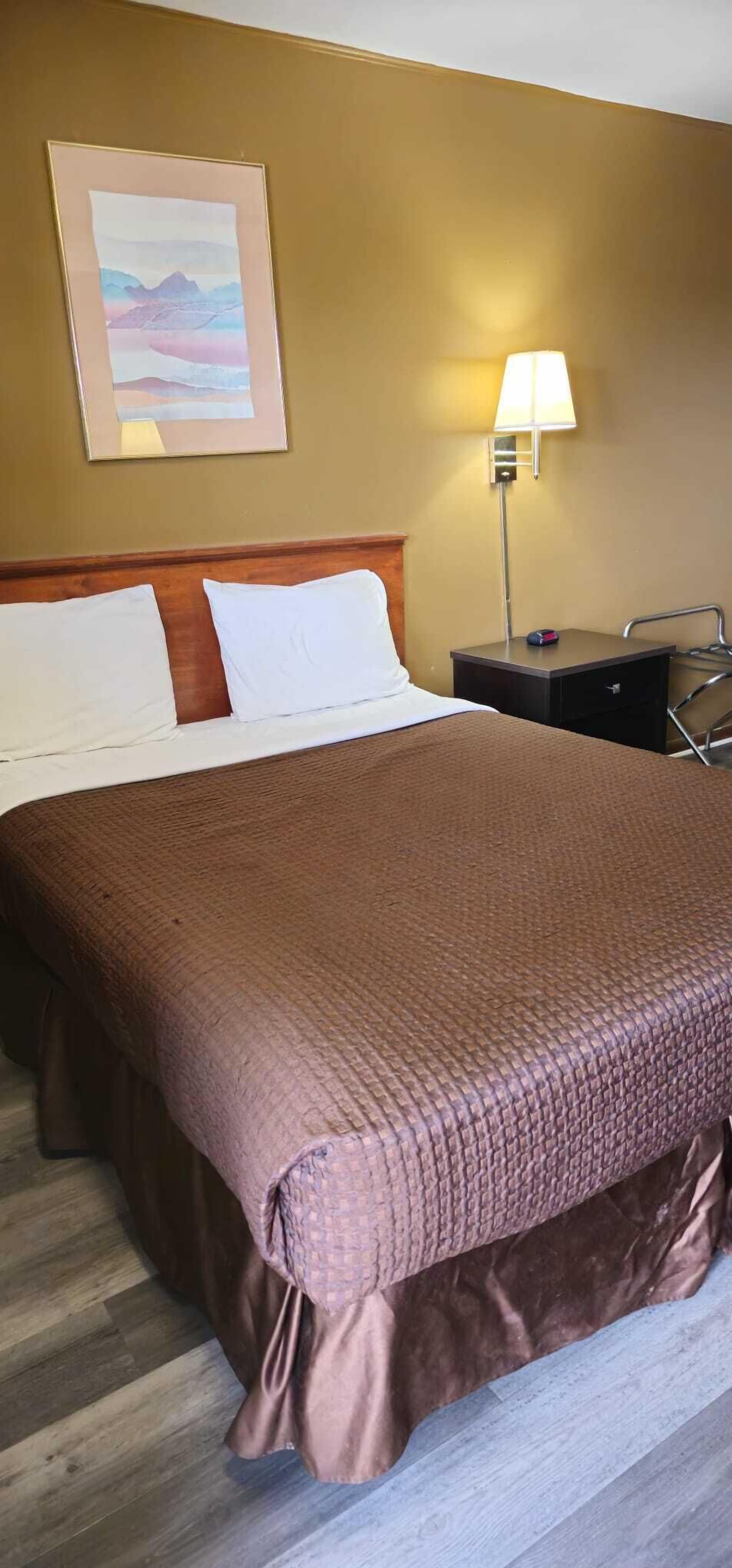 A hotel room with a large bed, a nightstand, a lamp, and a framed picture on the wall.