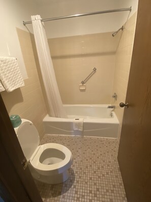 A bathroom with a toilet, a shower, and a bathtub. - Colonial Inn Dyersville (Dyersville)