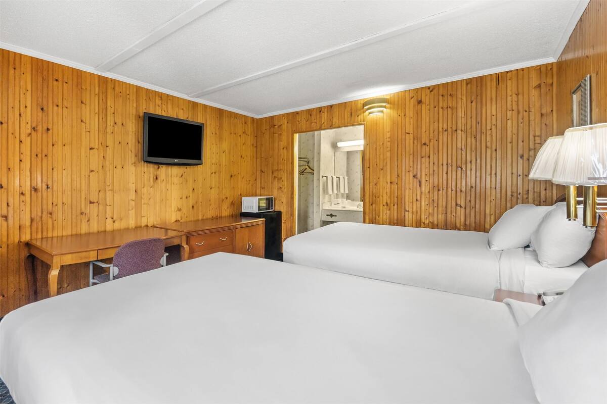 Una habitación de hotel con dos camas, un escritorio, un televisor, un espejo y una lámpara.