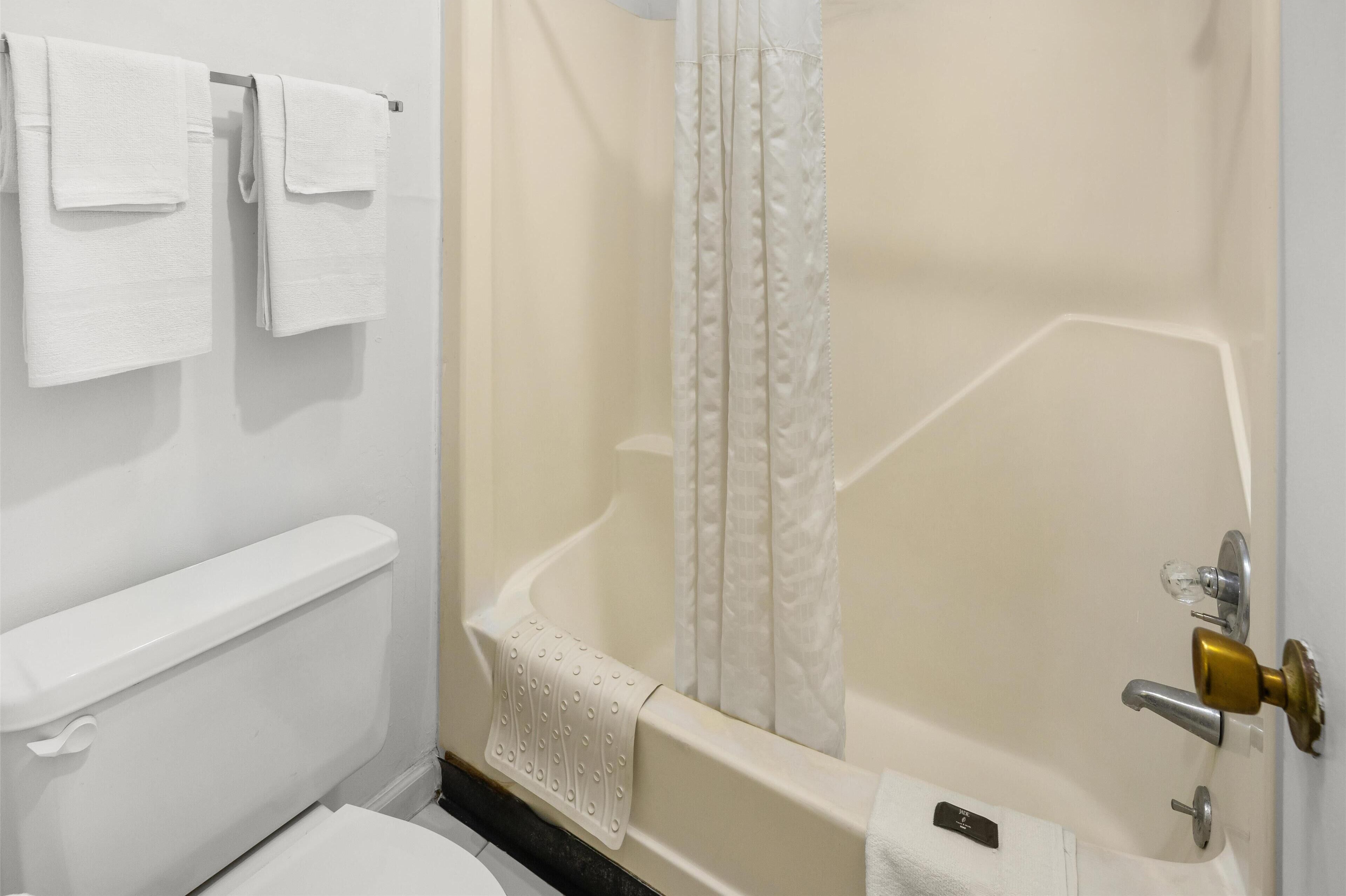 A bathroom with a bathtub, a toilet, and a shower curtain.