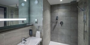 Combined shower/tub, eco-friendly toiletries, hair dryer, towels