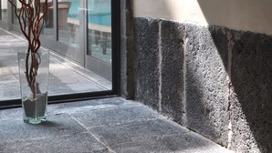 A clear view of a modern building's interior with a glass window, a concrete bench, and a glass vase with a plant. - Hotel Do Colégio (Ponta Delgada)