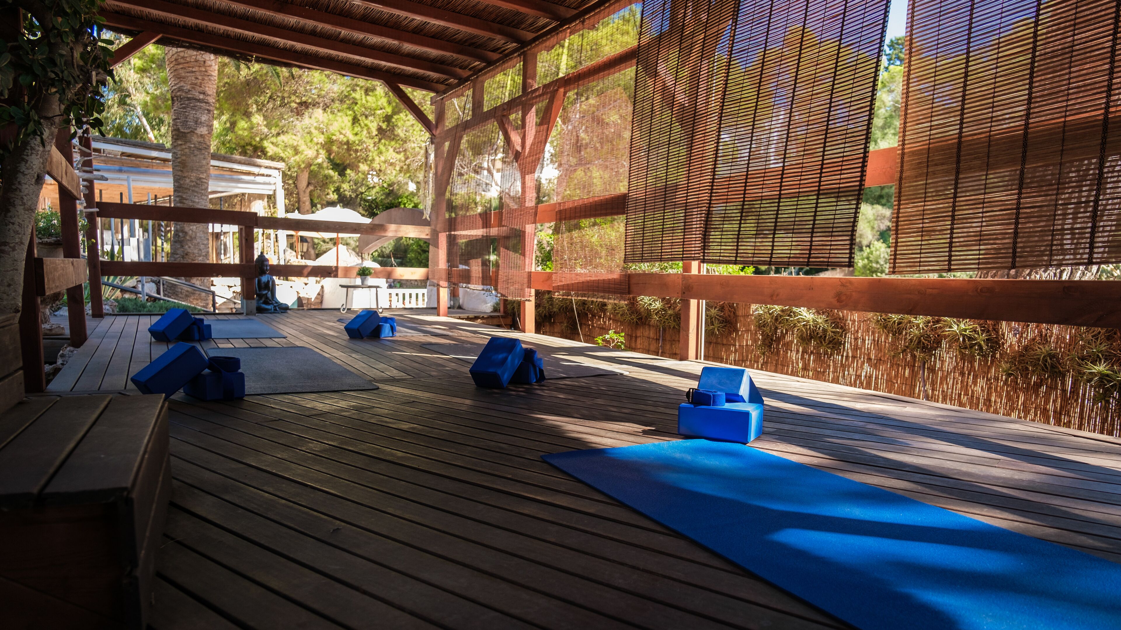 A wooden deck with blue mats and cushions, a Buddha statue, and a covered area with a mesh screen.