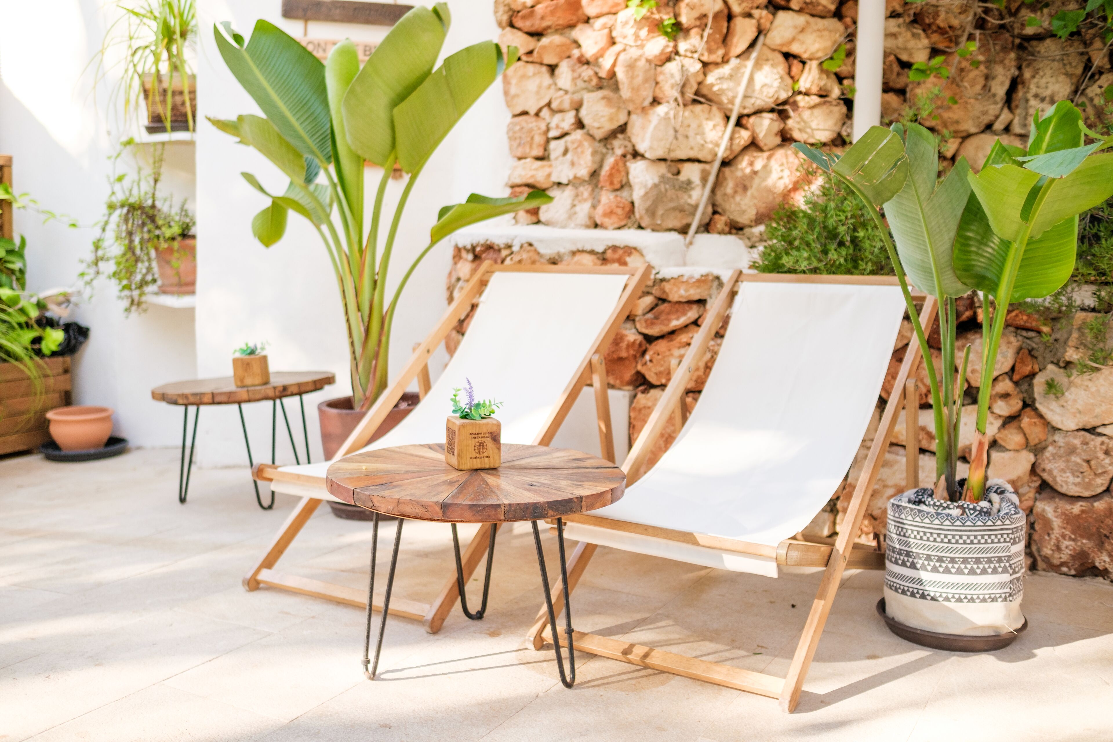 A wooden chair with a canvas backrest, a small table with a potted plant, and a stone wall in the background.