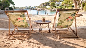 Deux chaises de plage avec des coussins à motifs floraux, placées face à une plage de sable, avec une petite table et une plante en pot.