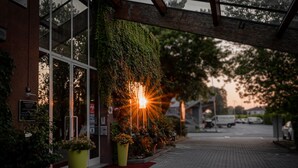 A building entrance with a glass facade, potted plants, and a red carpet leading to the door. - Business Hotel (Casale Monferrato)