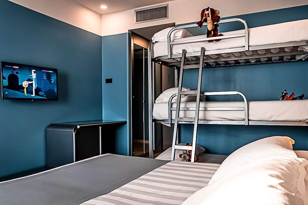 Une chambre avec un lit superposé, un téléviseur fixé au mur, un bureau et un petit chien.