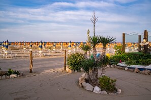 Playa privada, camas de playa, sillas reclinables de playa, sombrillas
