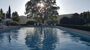 Outdoor pool, pool umbrellas, pool loungers