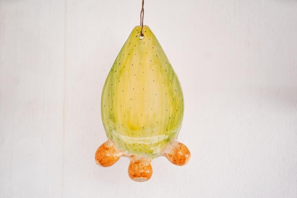 A hanging pear-shaped object with a string.