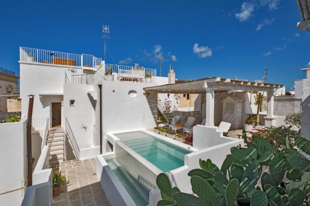 A rooftop pool area with a clear blue sky, white walls, and a cactus plant.