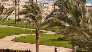 A pathway leading to a beach with palm trees and a person walking. - JAZ Almaza Beach Resort, Almaza Bay (Marsa Matrouh)