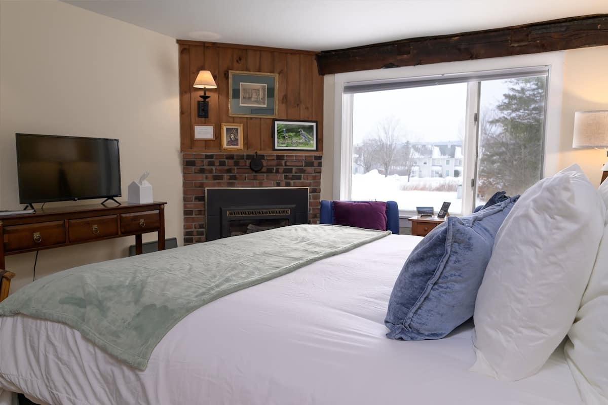 A bedroom with a bed, a television, a fireplace, and a window with a view of a snowy landscape.