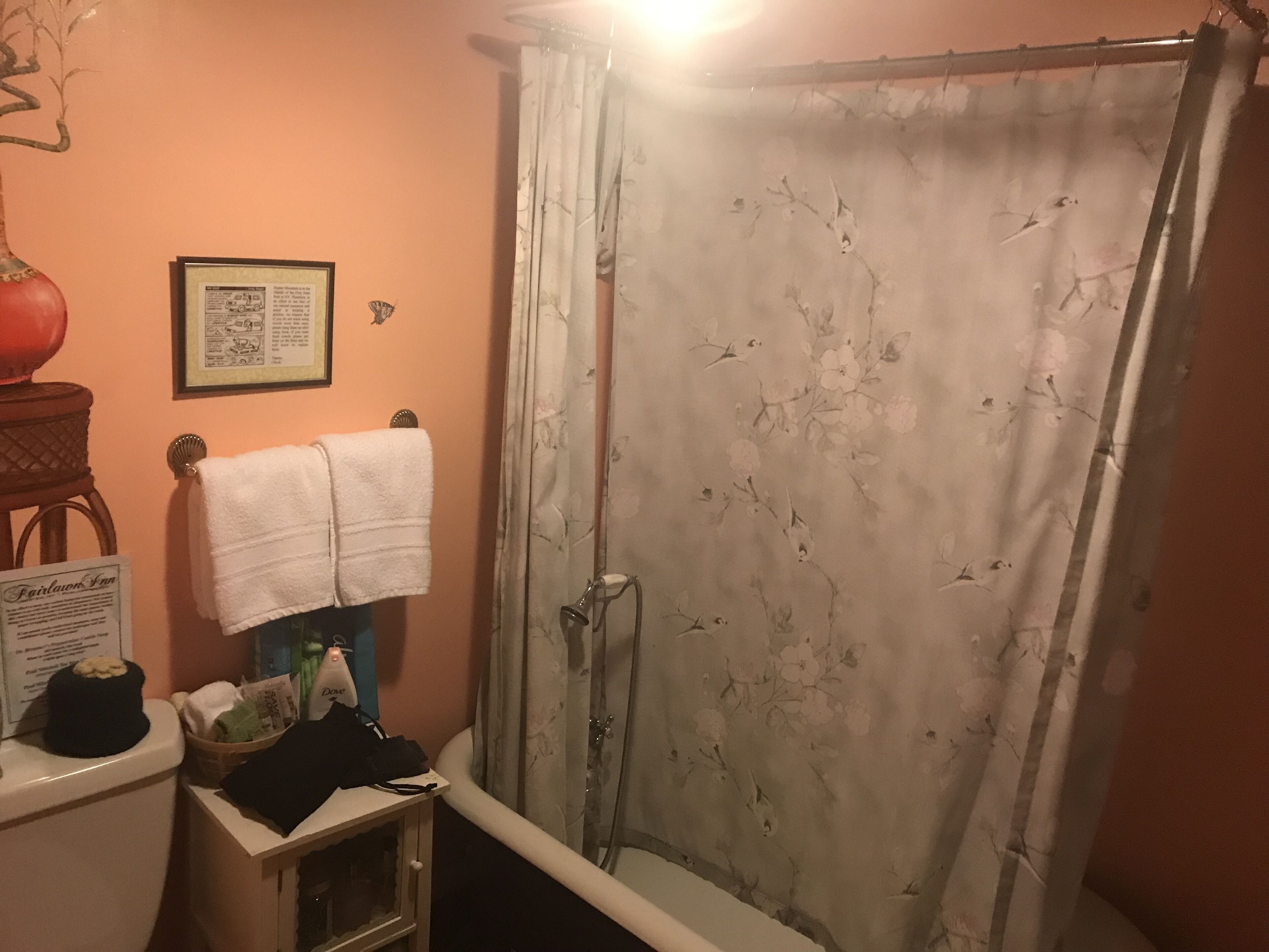 A bathroom with a shower curtain, a towel rack, a framed picture, and a small table with toiletries.