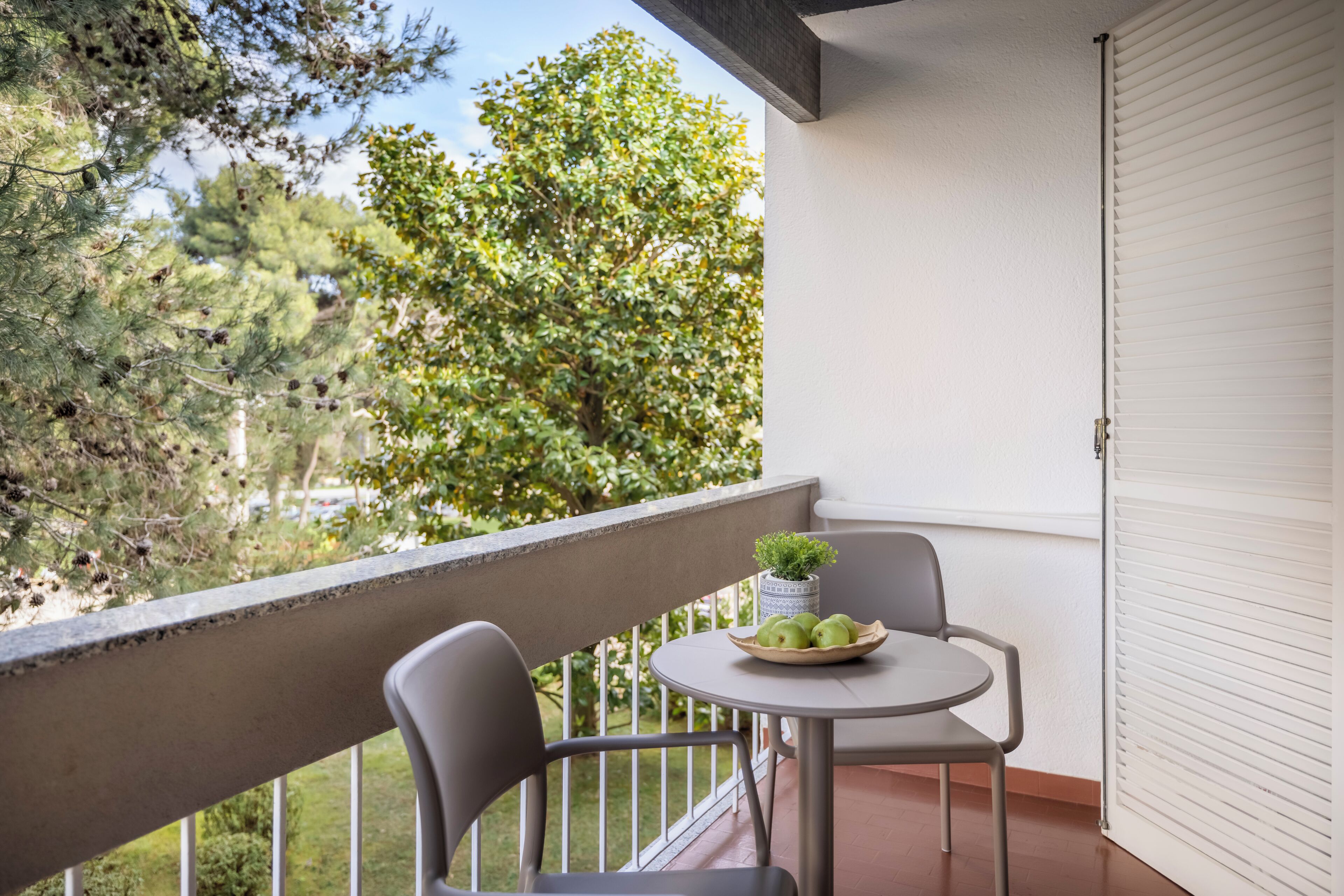 A balcony with a table, chairs, and a potted plant.