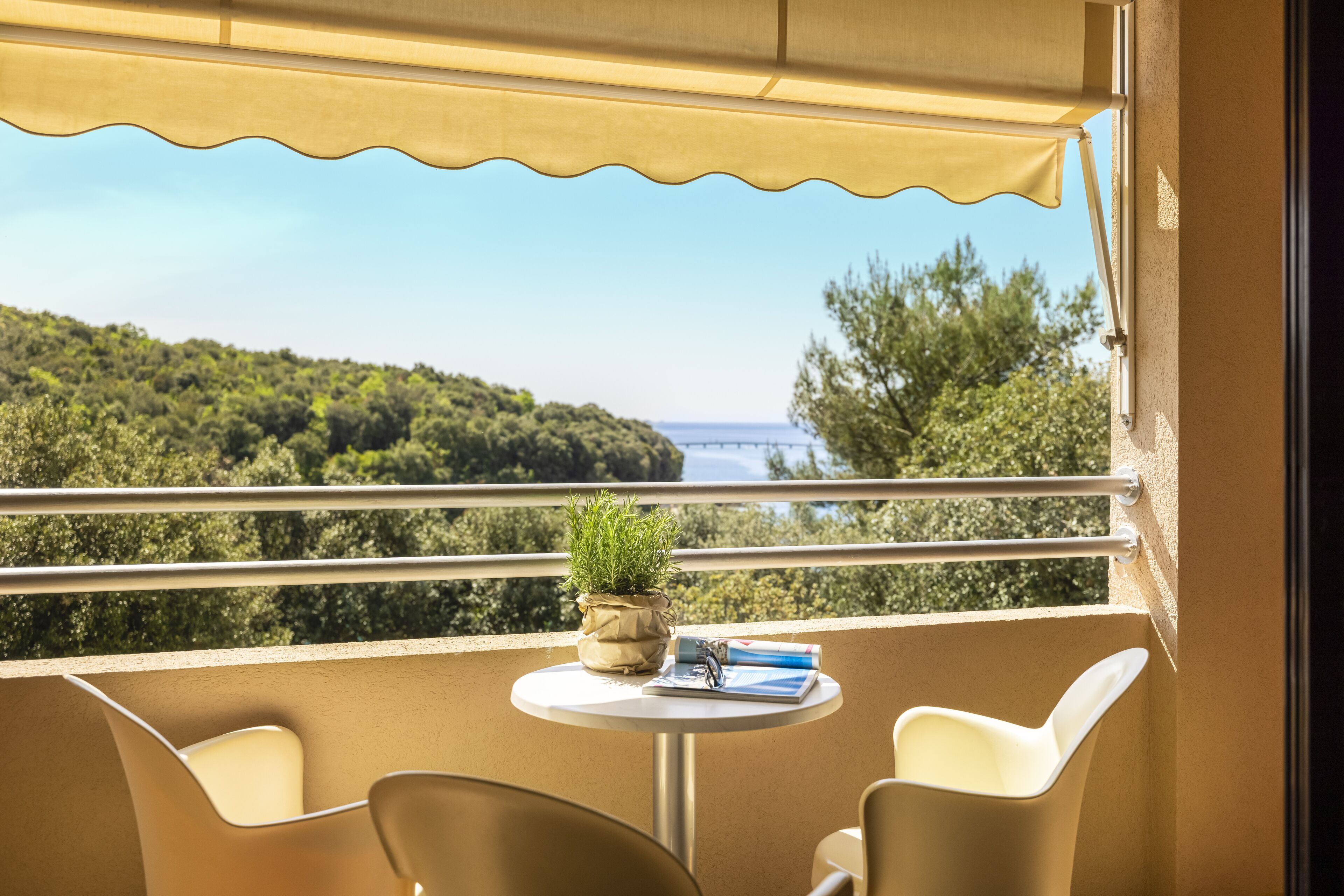 A balcony with a table, chairs, a potted plant, and a view of a bridge and greenery.