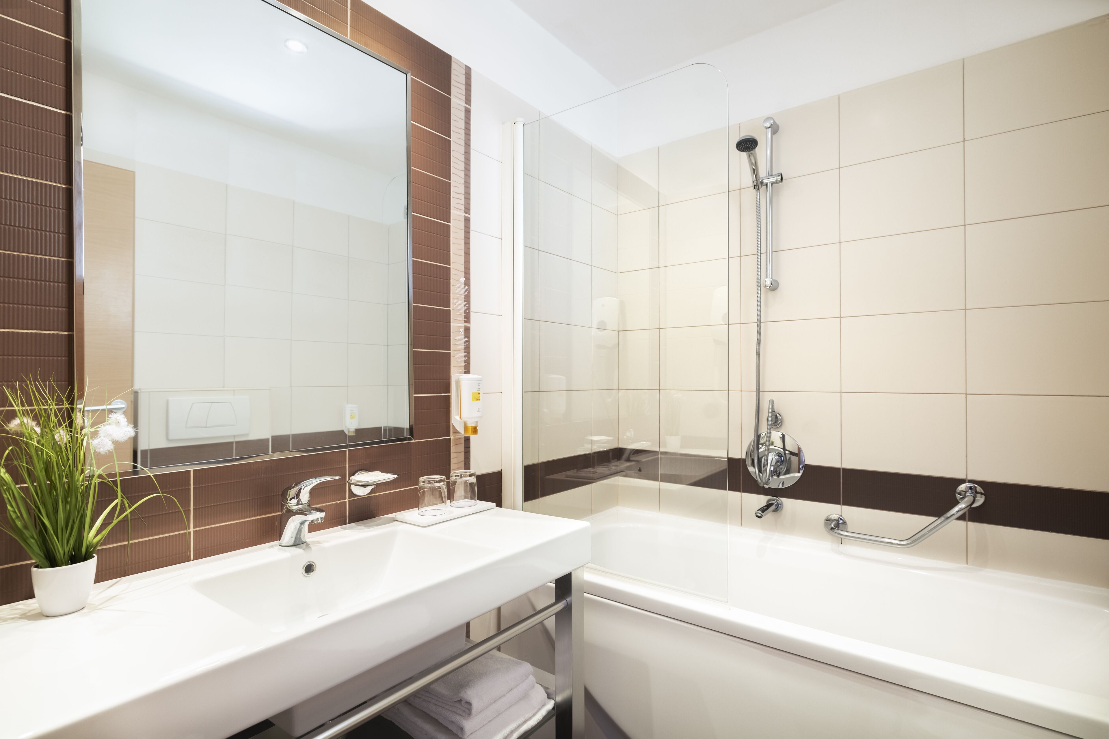 combined shower/bathtub, free toiletries, hair dryer, towels