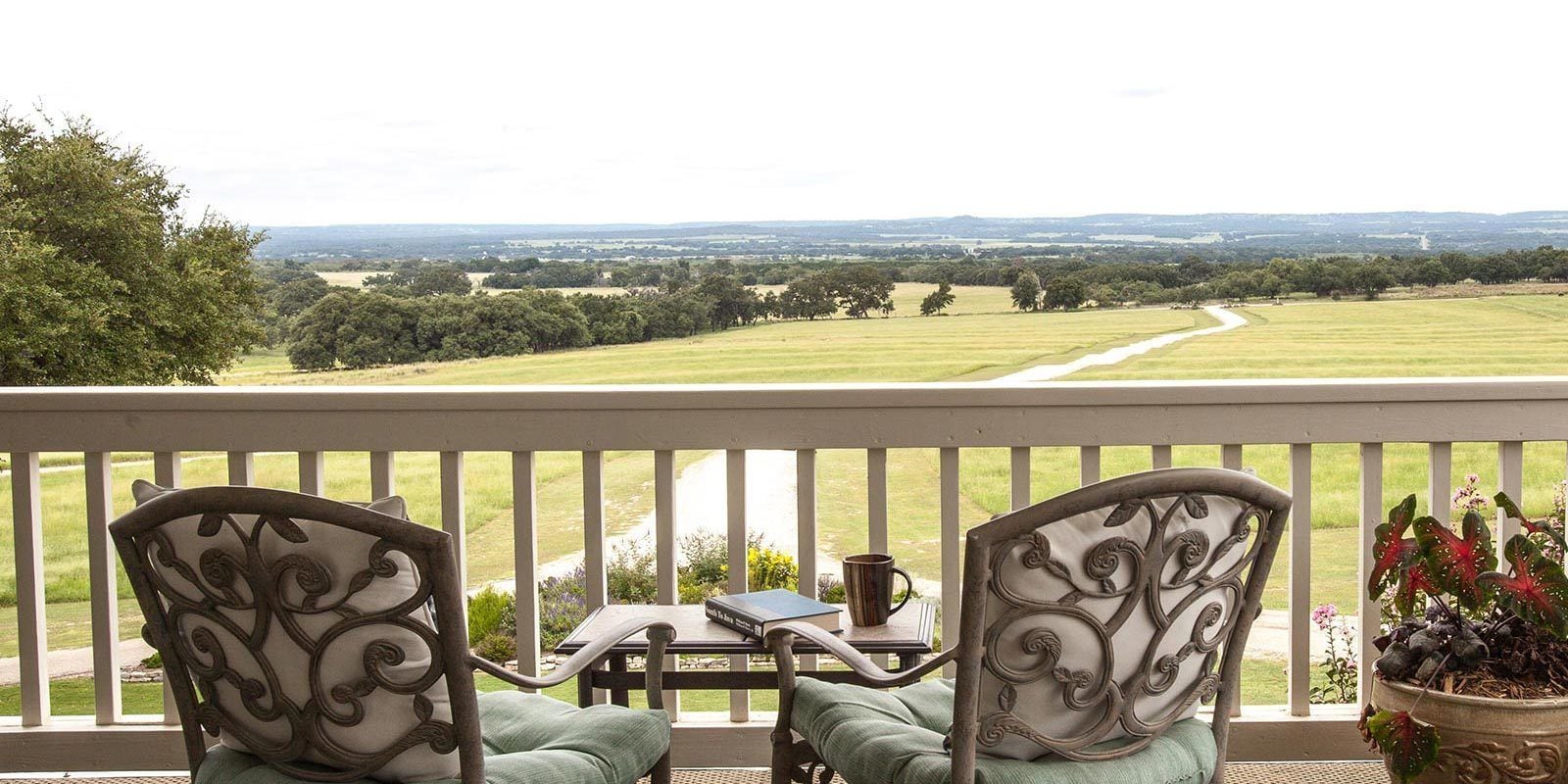A balcony with two chairs, a table, and a potted plant.