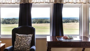 A room with a view of a grassy landscape through large windows, a dark upholstered chair, a wooden side table with a pitcher and a plate of fruit, and a dark wooden dresser with drawers.
