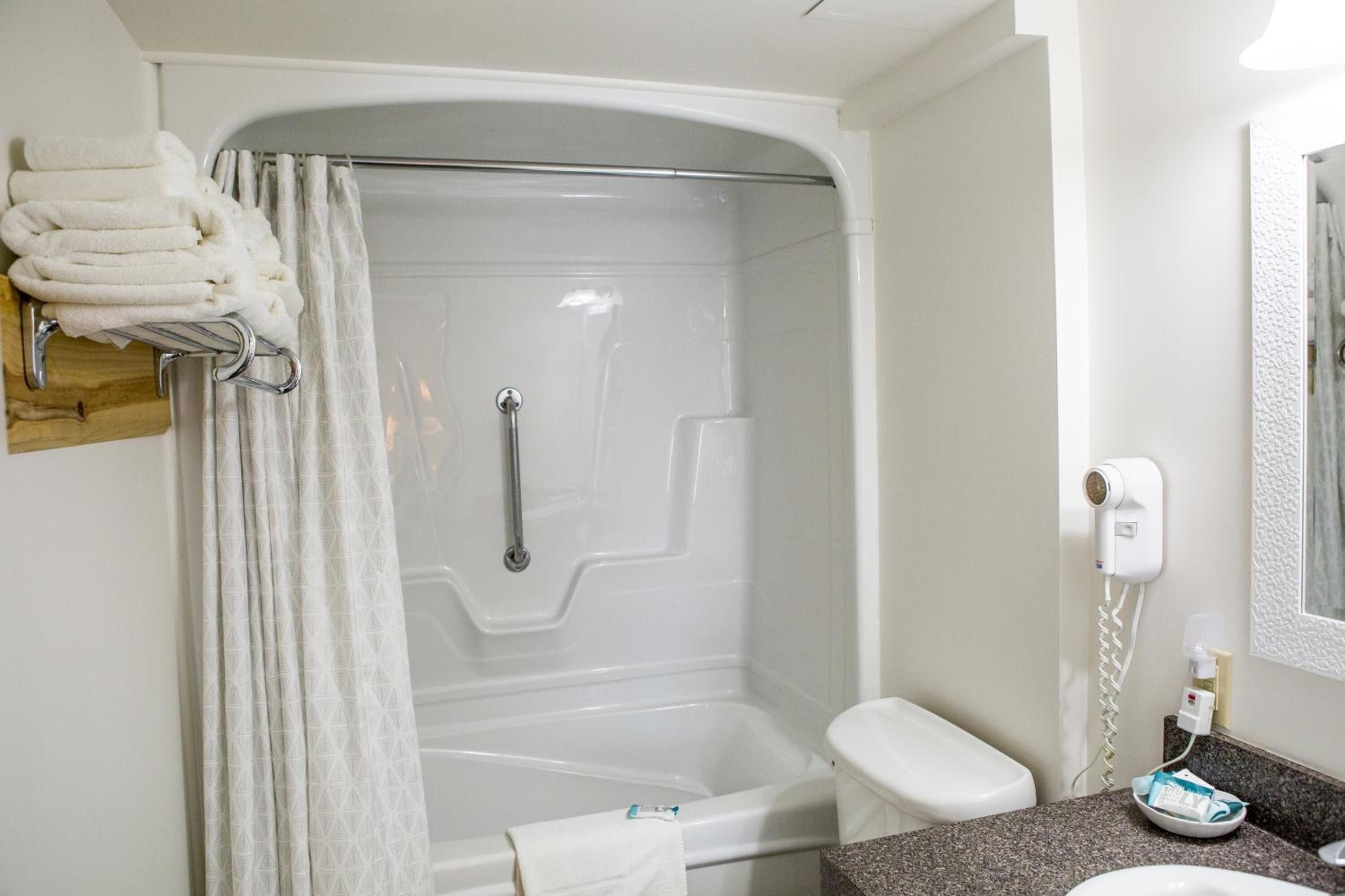 combined shower/bathtub, free toiletries, hair dryer, towels