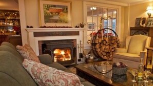 Ein gemütliches Wohnzimmer mit Kamin, bequemen Sitzgelegenheiten und einer Bar im Hintergrund.