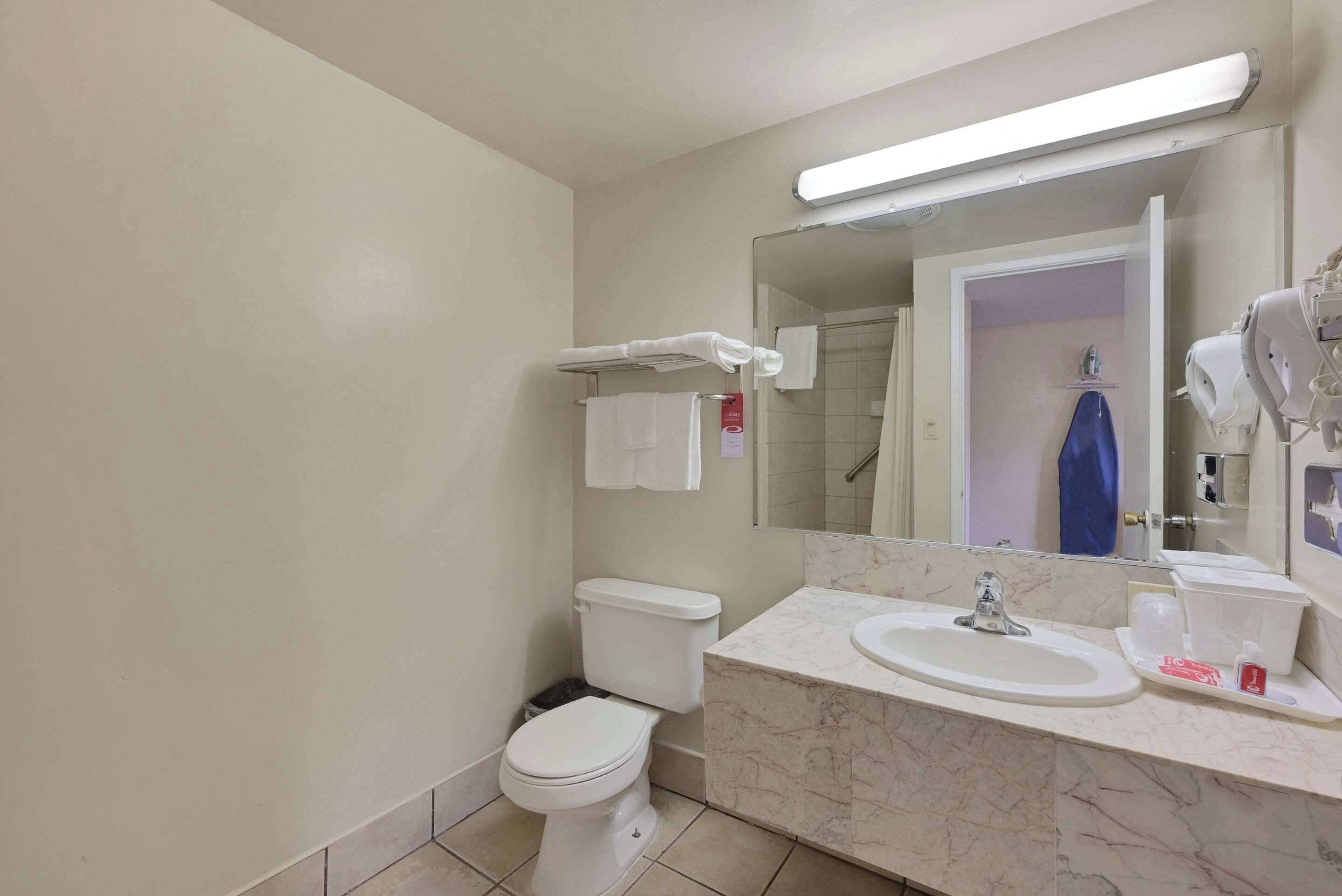 Un baño con inodoro, lavamanos y espejo.
