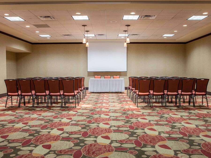 A conference room with a large screen at the front, rows of chairs on either side, and a patterned carpet.