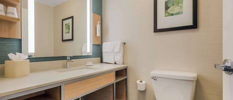A modern bathroom with a large mirror, wooden vanity, white sink, and toilet.
