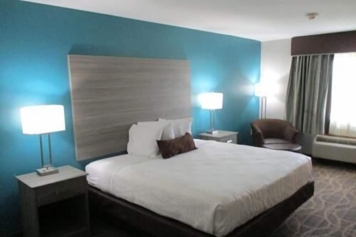 Une chambre d’hôtel avec un grand lit, deux tables de chevet avec des lampes, une chaise et une fenêtre avec des rideaux.