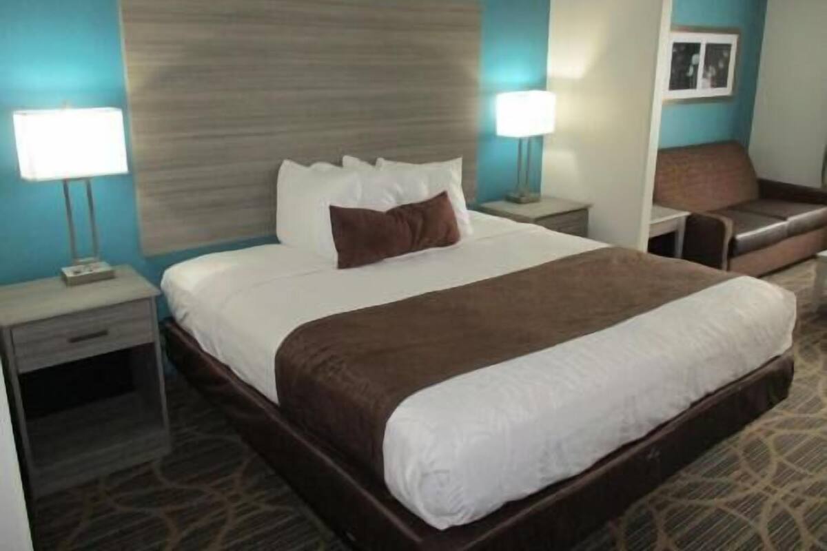 Desk, laptop workspace, iron/ironing board, free cribs/infant beds