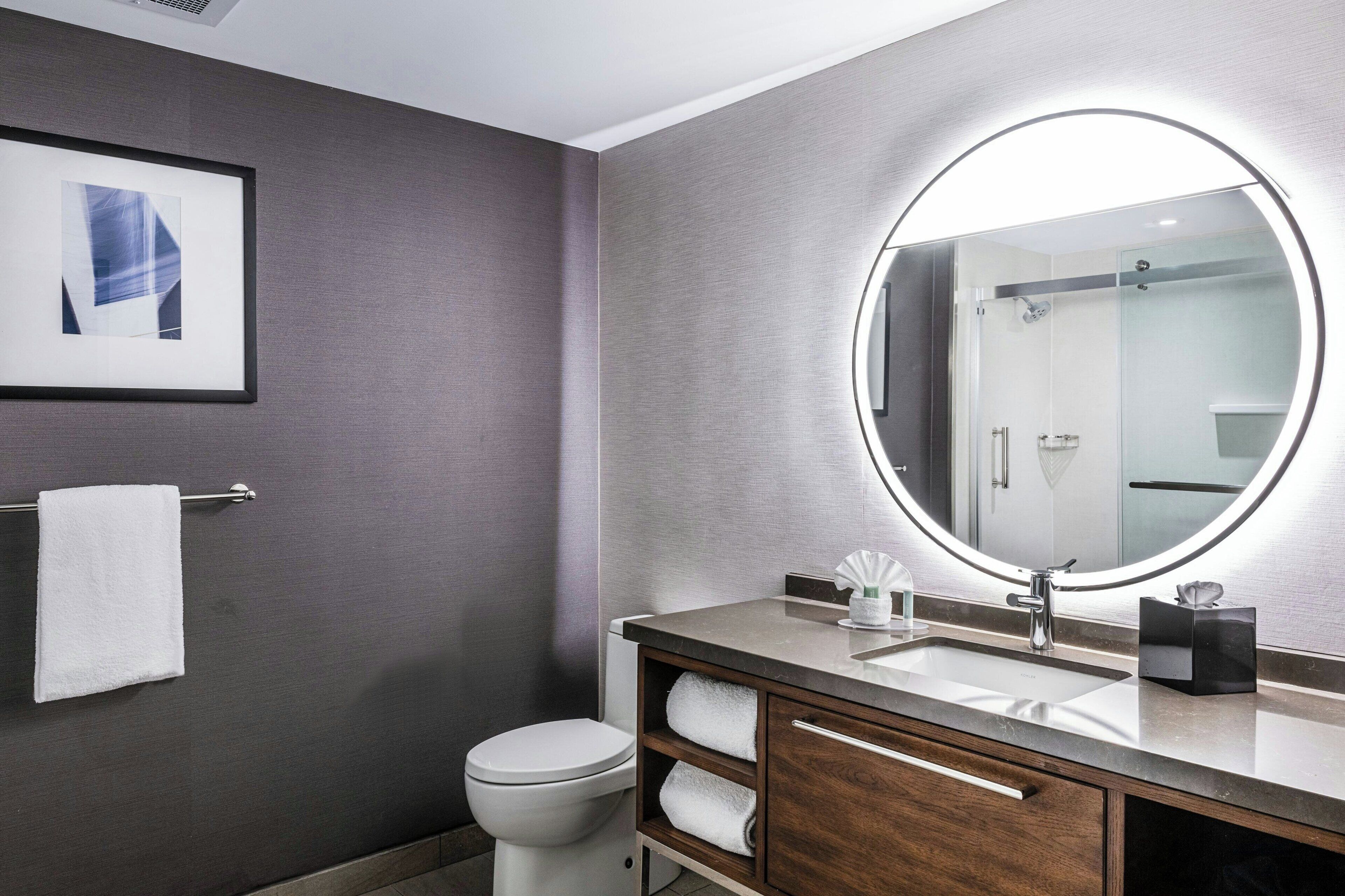 combined shower/bathtub, free toiletries, hair dryer, towels