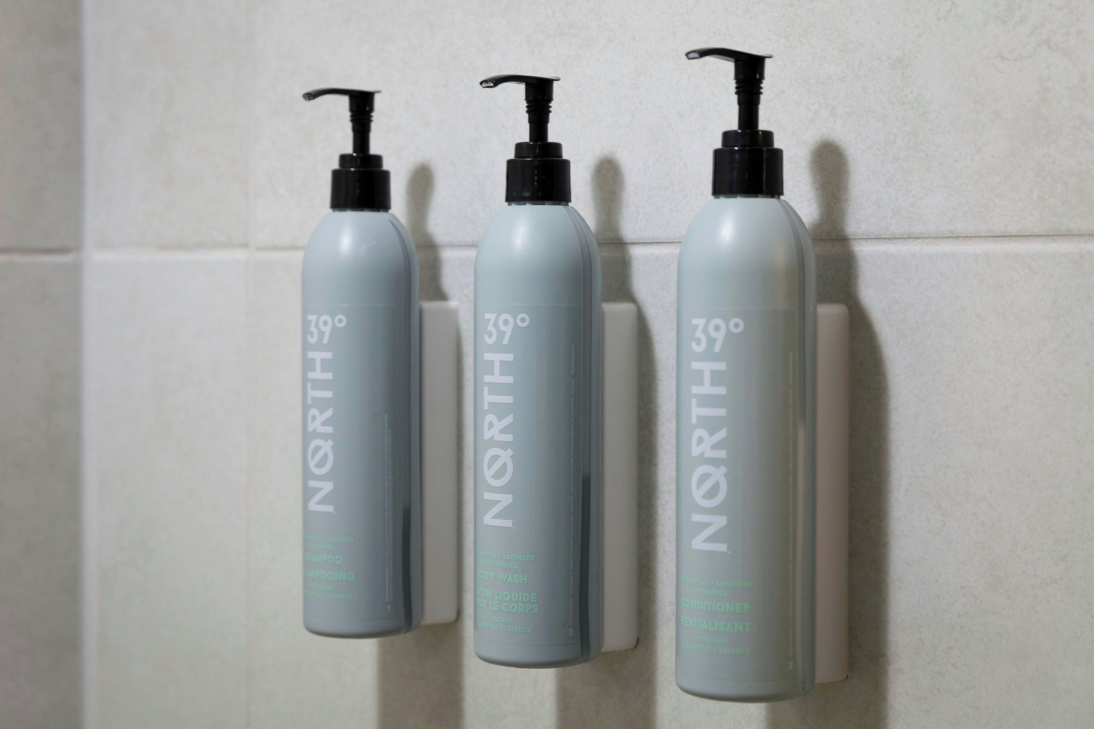 combined shower/bathtub, free toiletries, hair dryer, towels