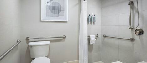 A bathroom with a toilet, a shower, and a handrail.
