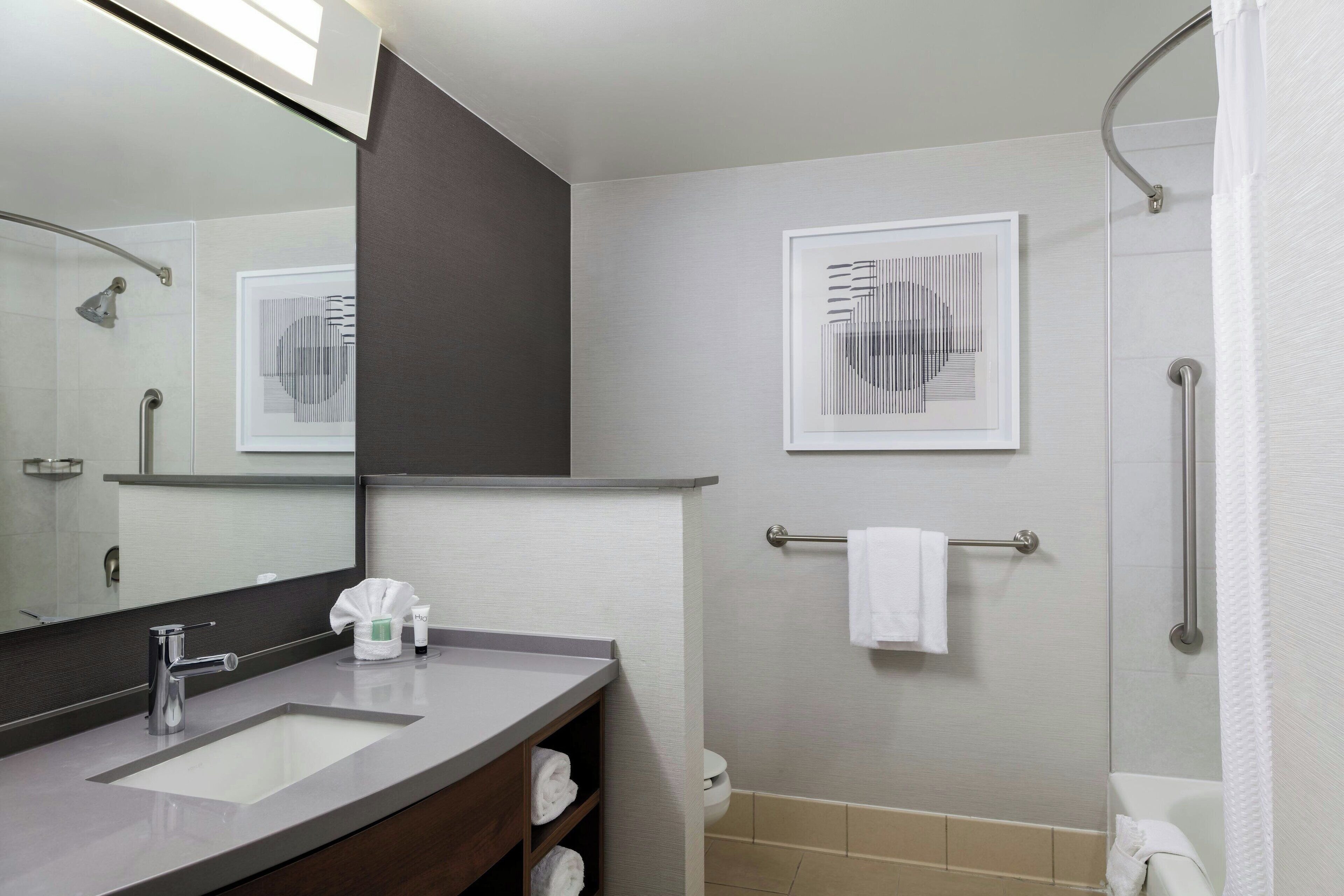 A modern bathroom with a large mirror, a sink, a shower, and two framed artworks on the wall.