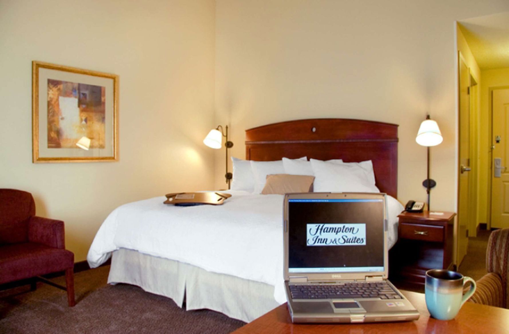 Down comforters, desk, laptop workspace, blackout drapes