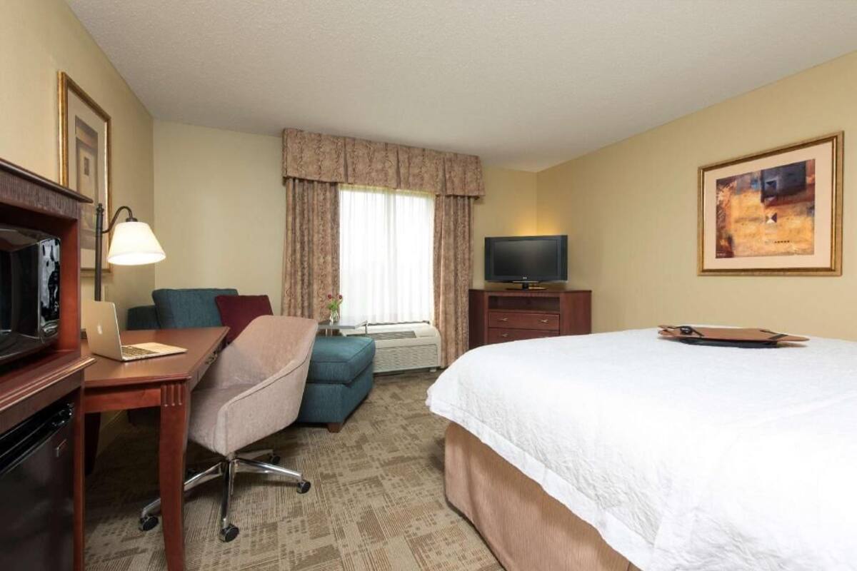 A hotel room with a bed, desk, chair, television, and a framed picture on the wall.