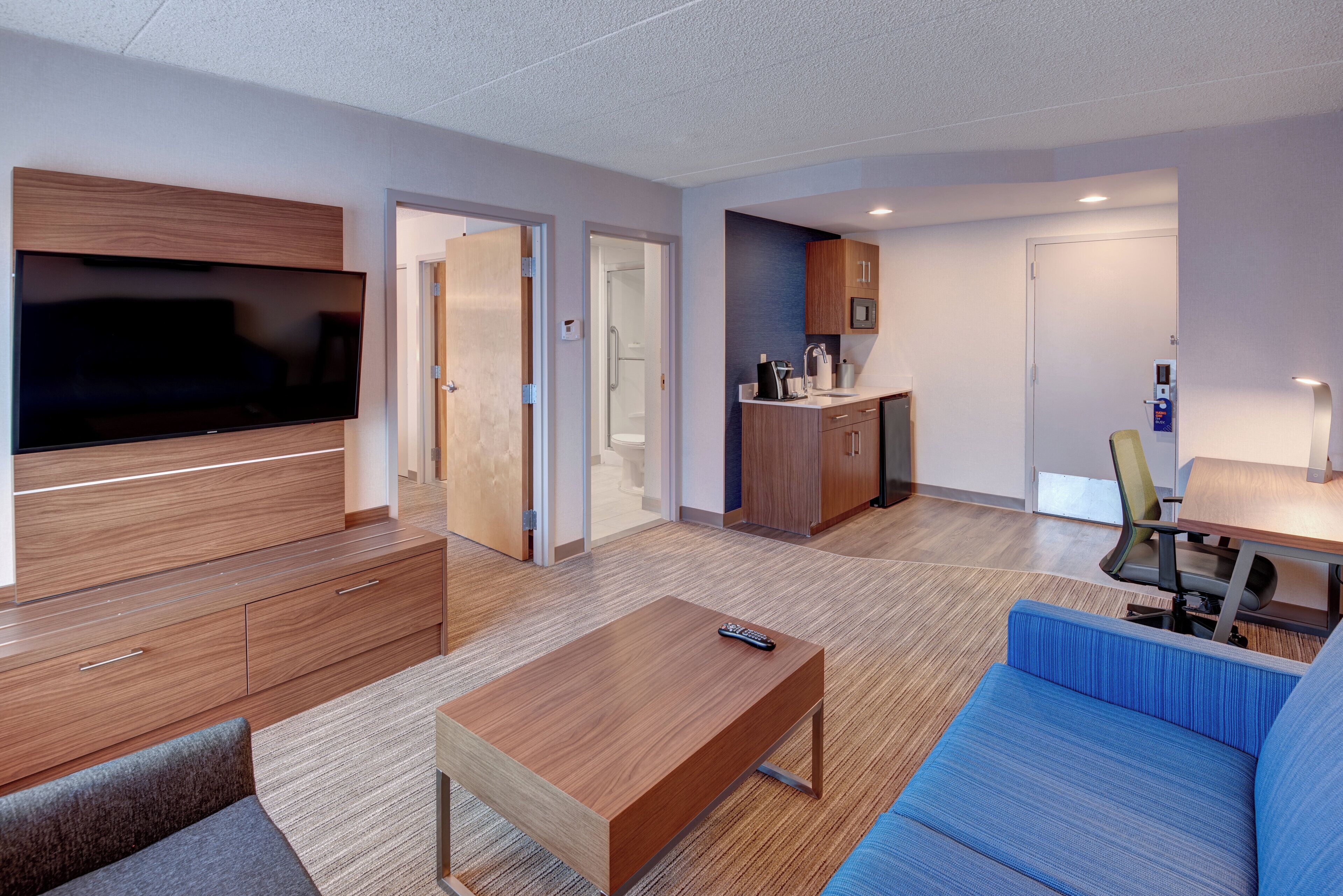 Une chambre d’hôtel moderne équipée d’un téléviseur à écran plat, d’un canapé, d’une table basse, d’un bureau avec une chaise, d’une kitchenette et d’un espace douche.